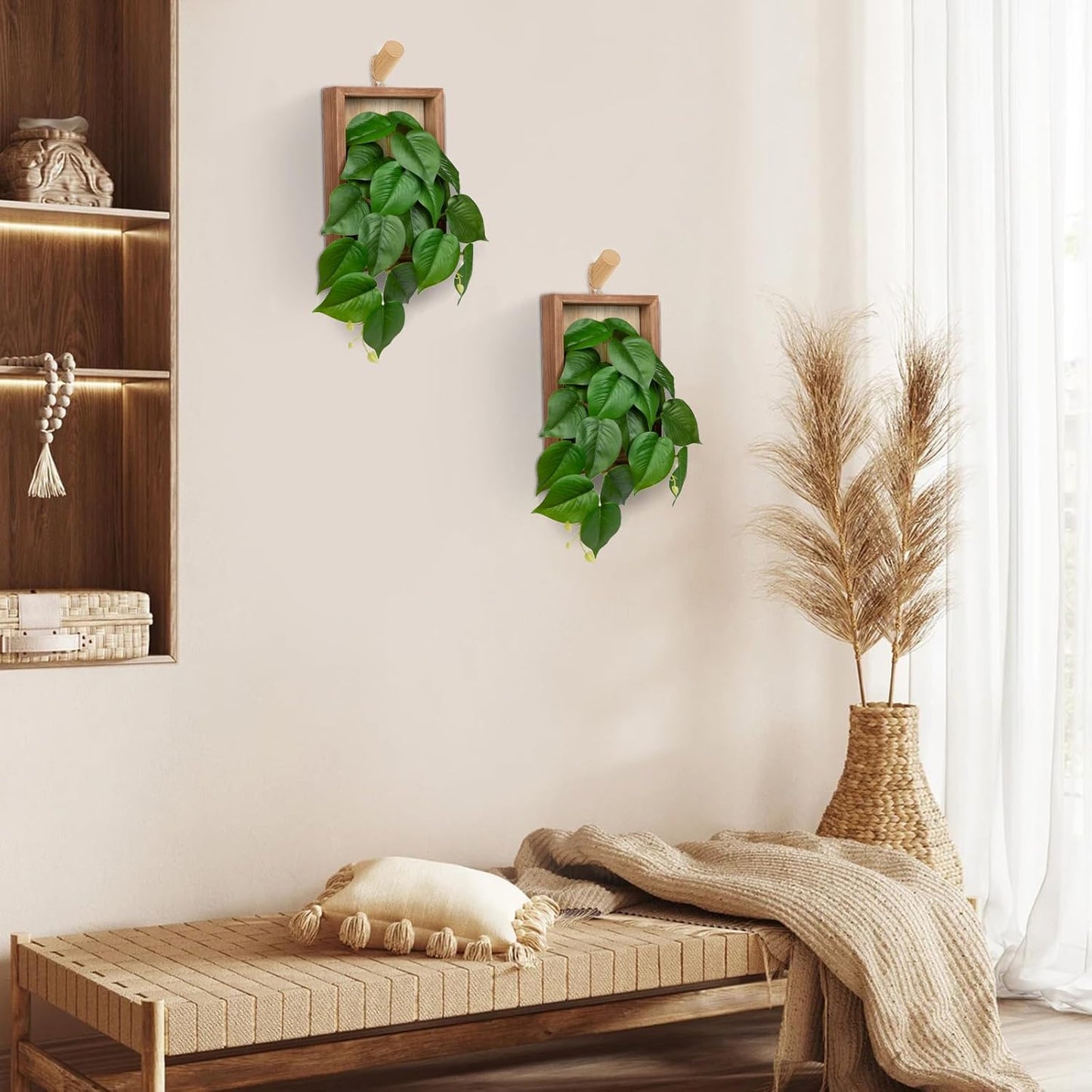 DILATATA Artificial Hanging Plants with Wooden Frame 2 Pack Faux Pothos Leaves Hanging Vine Greenery Plants for Living Room Bedroom Farmhouse Office Home Decor
