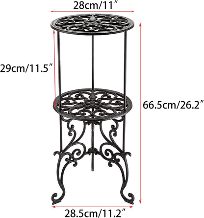 OwnMy Heavy Duty 2 Tiers Cast Iron Plant Stand, Vintage Iron Flower Pot Holder, 2 Layers Tall Decorative Potted Plants Stand Rack, Indoor Outdoor Large Plant Holder for Garden Patio, Retro-Brown