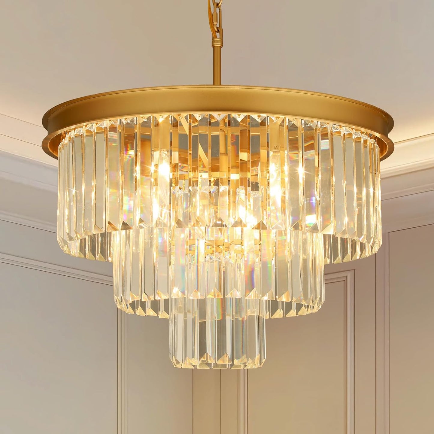 Crystal Chandeliers for Dining Room Lights Fixtures, 9 Lights Gold Modern Chandeliers for Bedroom, 3-Tier Round Crystal Lighting Fixtures for Living Room Entryway Kitchen Island D20 Inch