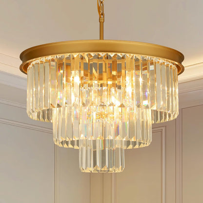 Crystal Chandeliers for Dining Room Lights Fixtures, 9 Lights Gold Modern Chandeliers for Bedroom, 3-Tier Round Crystal Lighting Fixtures for Living Room Entryway Kitchen Island D20 Inch