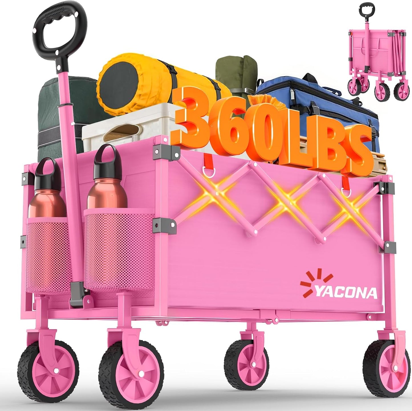 Wagons Carts Foldable, Lightweight Portable Utility Shopping Cart with Wheels, Folding Grocery Wagon Cart for Grocery, Camping, Shopping, Beach, Garden, Sports Pink
