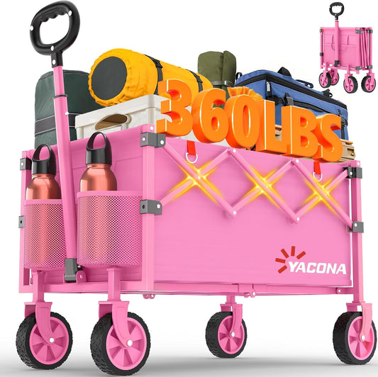 Wagons Carts Foldable, Lightweight Portable Utility Shopping Cart with Wheels, Folding Grocery Wagon Cart for Grocery, Camping, Shopping, Beach, Garden, Sports Pink