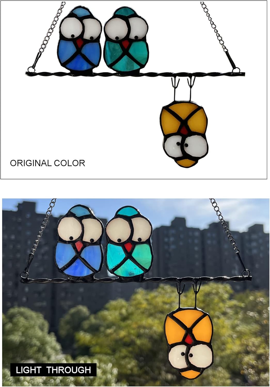 Multicolor Owl on a Wire Stained Glass Window Hanging, Bird Suncatcher for Windows Panels Hangings Hummingbird Ornament Decoration for Wall Home Garden Decor Bird Gift for Owl Lovers