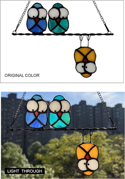Multicolor Owl on a Wire Stained Glass Window Hanging, Bird Suncatcher for Windows Panels Hangings Hummingbird Ornament Decoration for Wall Home Garden Decor Bird Gift for Owl Lovers