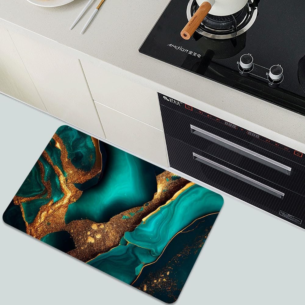 Bath Mat-Bathroom Rug，Cyan and Gold Marble-Absorbent Non Slip Quick Dry Stain Resistant Easy to Clean Care Shower Rug for Bathtub Shower Room 16×24Inch (40 * 60cm)