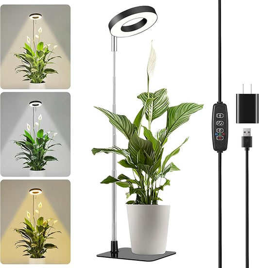 Small Halo Grow Light with Base, 48 LED Full Spectrum Indoor Plant Grow Light, Height Adjustable, 3 Spectral Modes, 10 Brightness Levels, Automatic Timer 3/9/12 Hours, Black