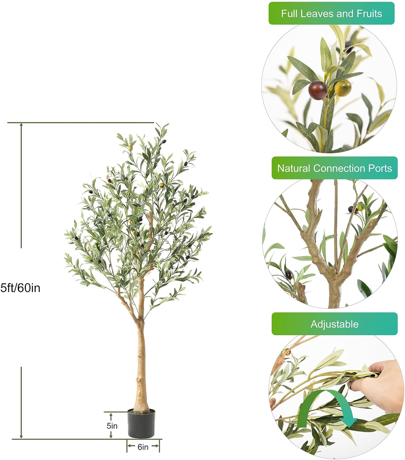 Tall Faux Olive Tree，5Ft(60in) Realistic Texture Potted Silk Artificial Olive Tree， Fake Olive Trees Indoor Outdoor for Home Office Living Room Bedroom Foyer Porch Decor.