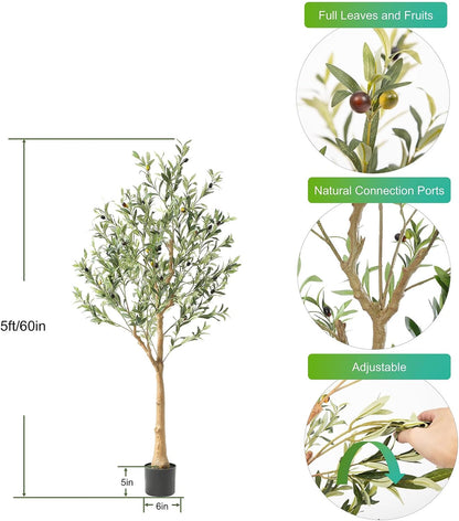 Tall Faux Olive Tree，5Ft(60in) Realistic Texture Potted Silk Artificial Olive Tree， Fake Olive Trees Indoor Outdoor for Home Office Living Room Bedroom Foyer Porch Decor.