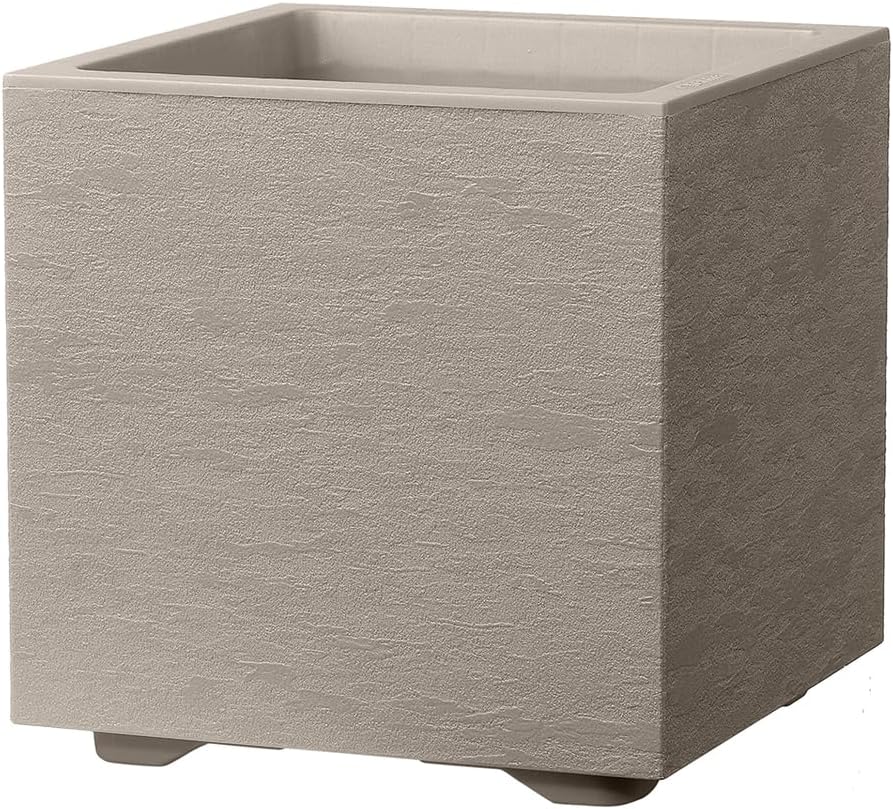 Deroma Gravity 15” Cube Planter | Light & Durable Plastic | Indoor or Outdoor Square Pot for Patio/Porch | Includes Water Reserve & Drain Plug | Trendy Planter for Plants, Flowers, Garden | Sandstone