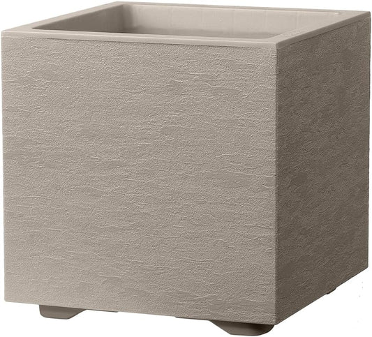 Deroma Gravity 15” Cube Planter | Light & Durable Plastic | Indoor or Outdoor Square Pot for Patio/Porch | Includes Water Reserve & Drain Plug | Trendy Planter for Plants, Flowers, Garden | Sandstone