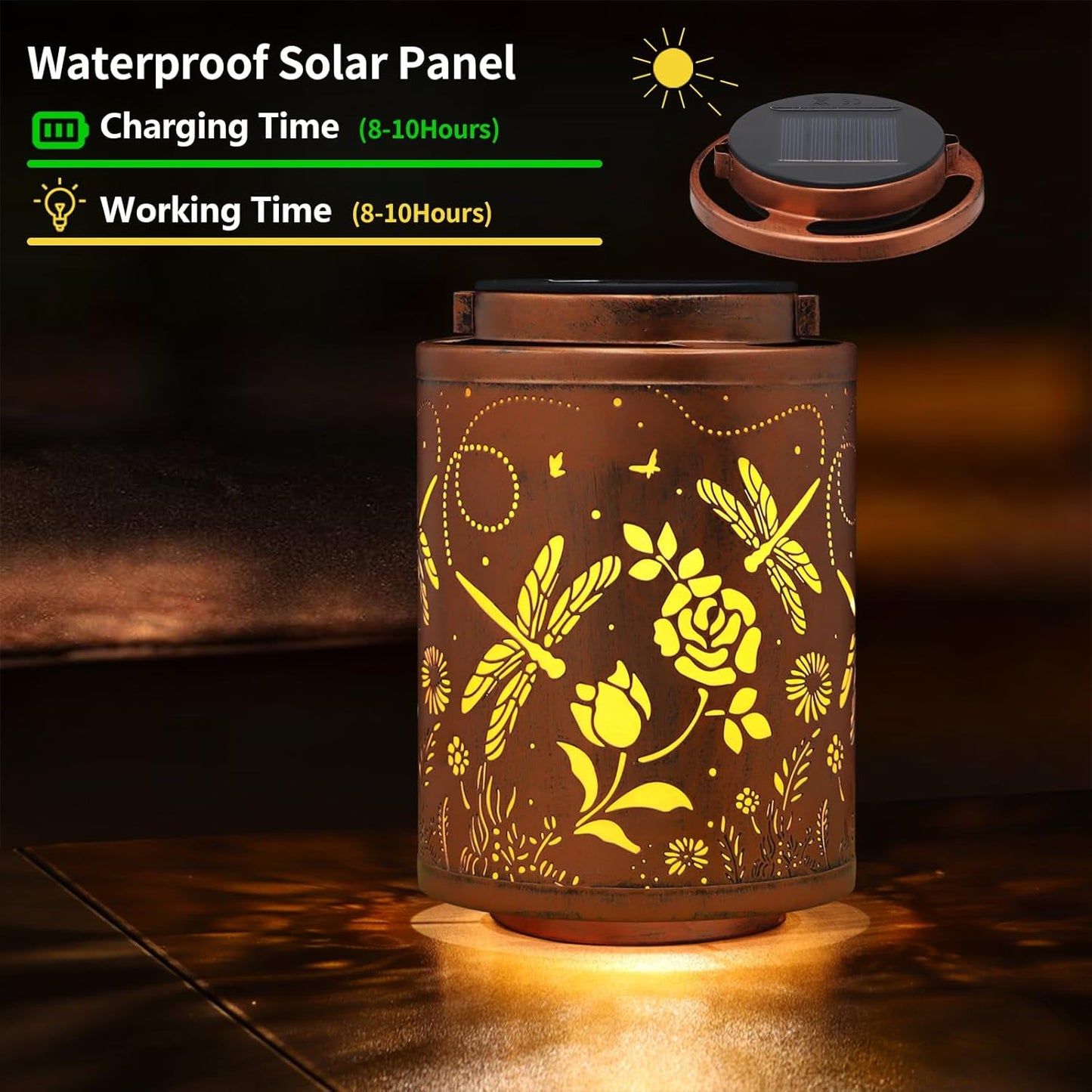 2 Pack Solar Lanterns Garden Decor Birthday Gifts for Women Mon Grandma Metal Hanging Solar Lights Waterproof Outdoor Decoration for Outside LED Lanterns for Yard (Dragonfly)