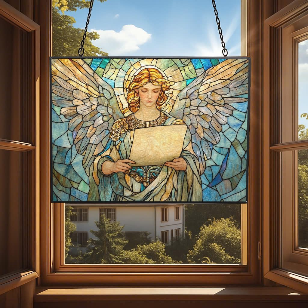 Personalized Rectangle Art Nouveau Archangel Scroll Stained Glass Suncatcher Stained Glass Window Hanging Home Decor Garden Halloween Christmas Wedding Housewarming Gifts