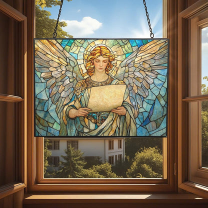 Personalized Rectangle Art Nouveau Archangel Scroll Stained Glass Suncatcher Stained Glass Window Hanging Home Decor Garden Halloween Christmas Wedding Housewarming Gifts