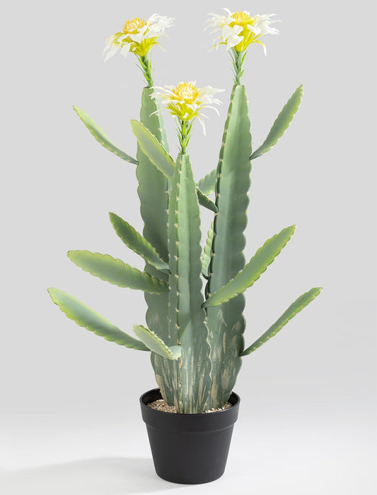 33 Inch Large Artificial Cactus with Lilly White Flowers in Pot with Natural Gravel. Satin Finish