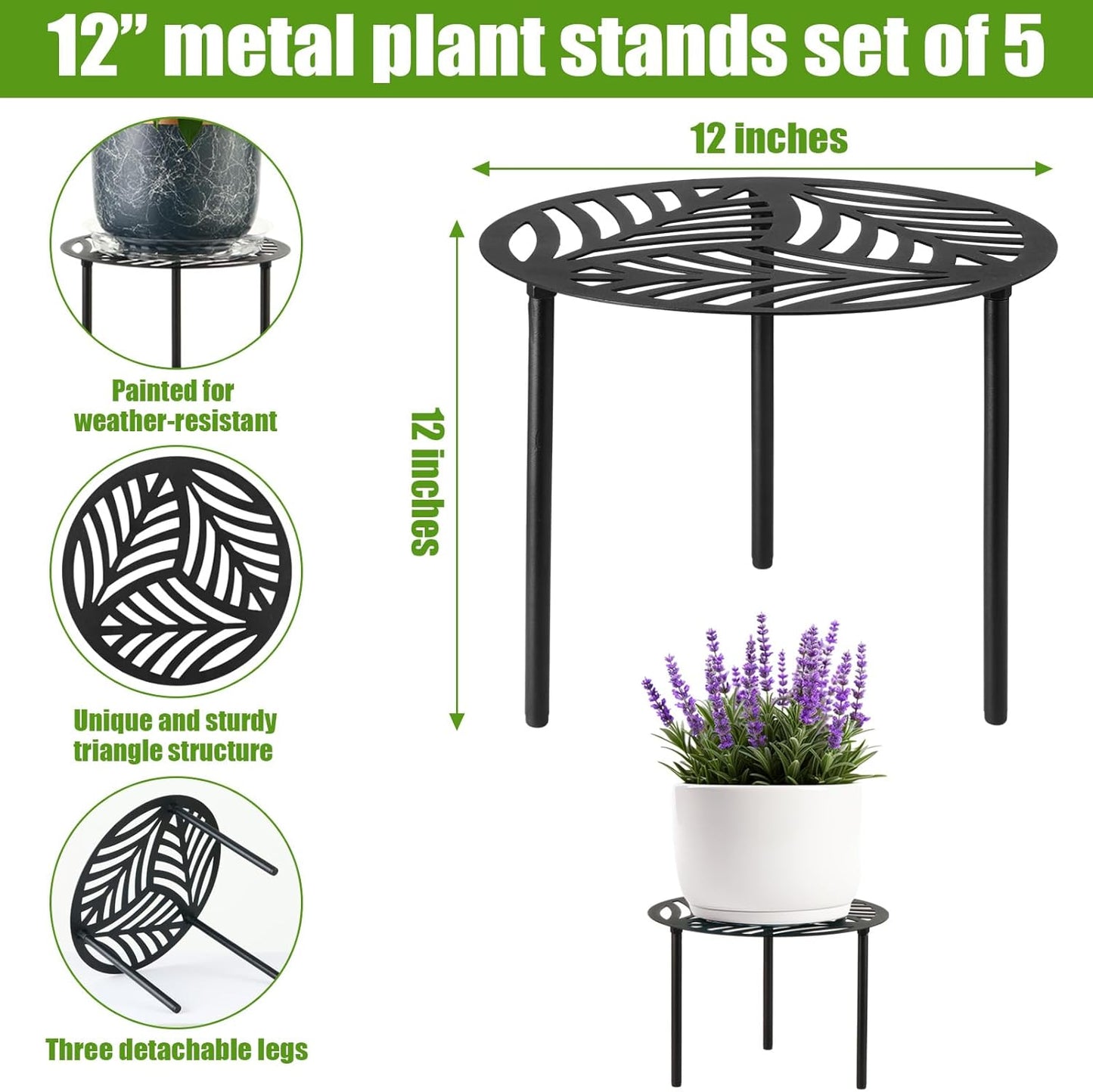 5-Pack 12 Inches Large Heavy-duty Metal Plant Stands Flower Pot Holder for Indoor Outdoor Rust-proof Potted Planter Riser Modern Round Corner Stand Shelf for Living Room Patio Garden Yard, Black, 12" D x 12" H