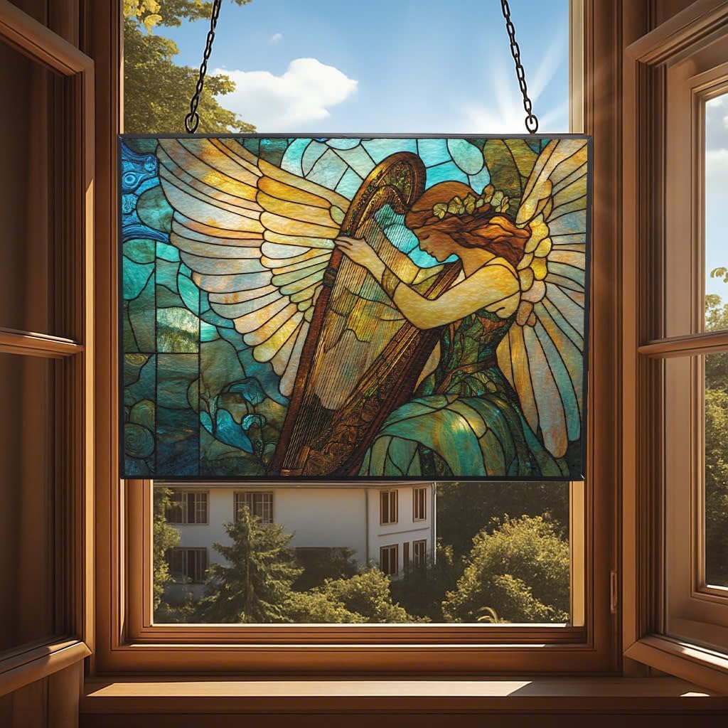 Customized Rectangle Art Nouveau Harp Angel Stained Glass Suncatcher Window Hangings, Stained Glass Panel Sun Catchers Gifts Home Decor Garden Christmas Halloween Wedding