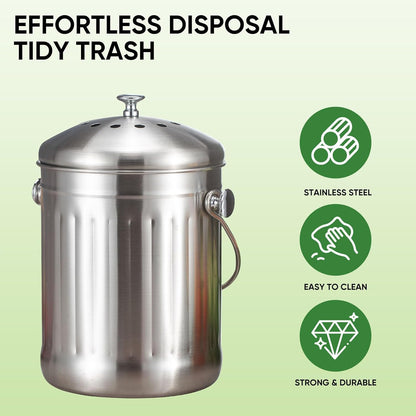 1.3 Gallon 5L Stainless Steel Compost Bin Countertop Compost Bucket Under Sink Kitchen Trash Can Composting Bucket Garbage Bin Poubelle Cuisine with Lid Charcoal Filter Indoor Silver