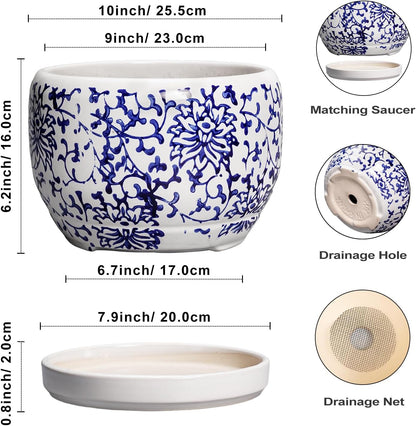 SQOWL Ceramic Pots for Plants - 10 Inch Ceramic Flower Pots with Drainage Hole and Saucer, Round Large Planter Indoor, Decorative Porcelain Planter Outdoor, Home Decor, Birthday Gifts, Blue and White