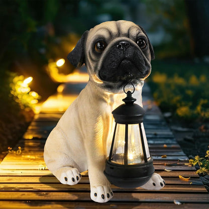 Garden Dog Statues Outdoor Decor, Solar Lights Outdoor Pug Figurines Solar Dog Ornaments for Patio, Lawn, Yard Art Decoration, Housewarming Garden Gift