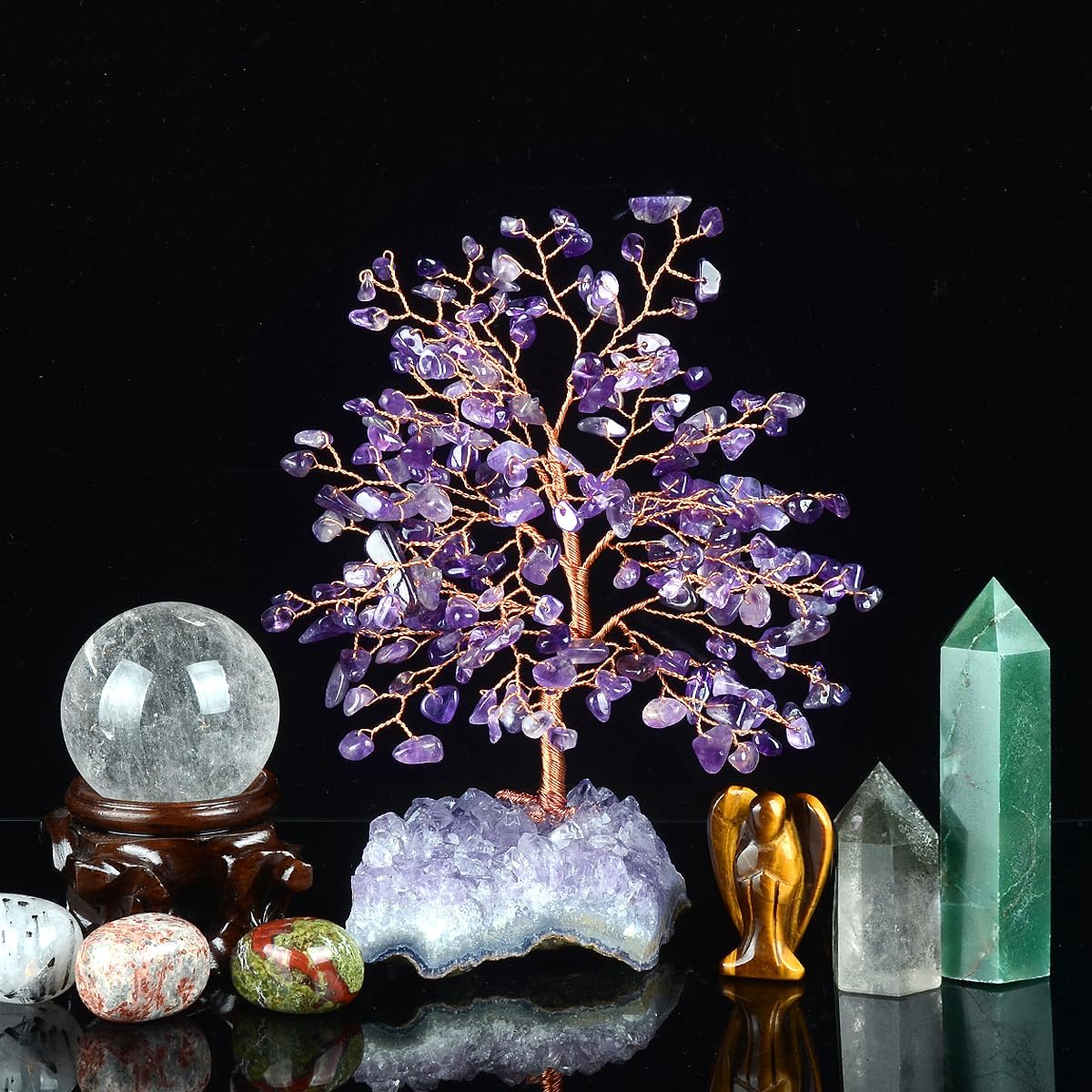 Natural Amethyst Crystal Tree of Life with Amethyst Geode Cluster,Bonsai Feng Shui Money Tree,Chakra Balance Healing Crystals Positive Energy Gift 5.5"-6.3"