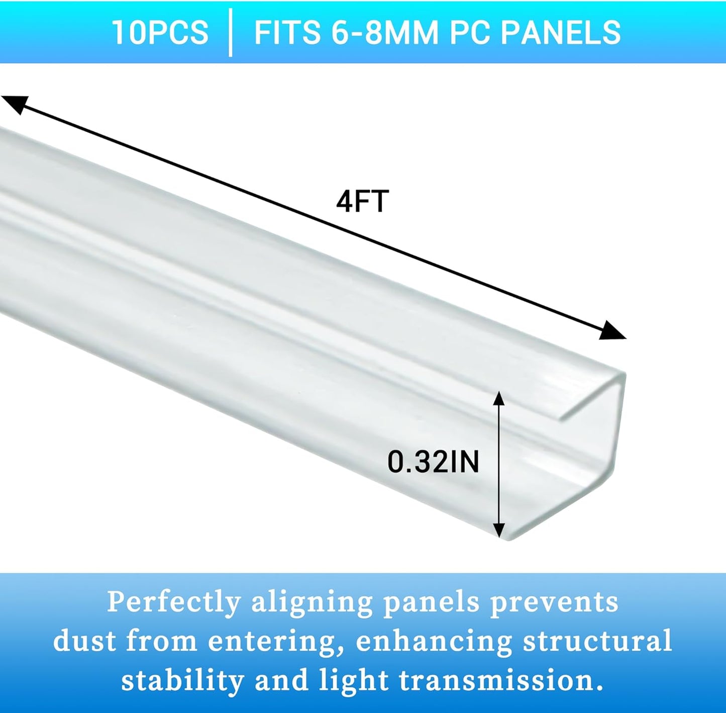 10 PCS Polycarbonate Greenhouse U Connector Profile 4ft Length Fits 0.24’’ & 0.32’’ Twin-Wall Polycarbonate Panels Duty Dust Rain & Moisture Protection Durabler (U-Clip 4' × 0.71’’ × 0.32’’)
