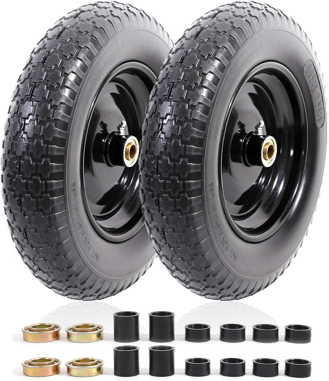 MZREXN 14.5" Wheelbarrow Tire Flat-Free 3.00/3.25/3.50/4.00-8" Solid Tire and Wheel with 3"-7" Centered Hub, 3/4" & 5/8" Bearings Replacement for Hand Truck/Dolly/Utility Cart/Garden Cart 2PCS Black