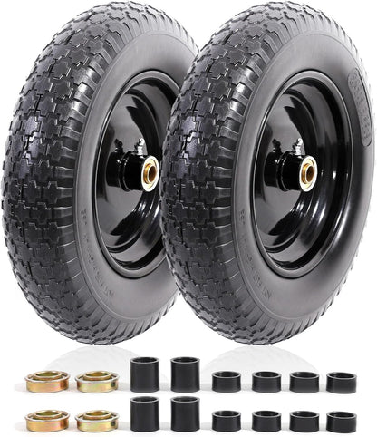 MZREXN 14.5" Wheelbarrow Tire Flat-Free 3.00/3.25/3.50/4.00-8" Solid Tire and Wheel with 3"-7" Centered Hub, 3/4" & 5/8" Bearings Replacement for Hand Truck/Dolly/Utility Cart/Garden Cart 2PCS Black