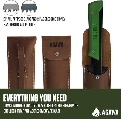 AGAWA - BOREAL21 Backwoods Kit - Includes 21" Folding Saw, Leather Sheath, 21" All-Purpose & 21" Aggressive Saw Blade - For Camping, Hunting & Survival Kit (Black Frame/Green Handle)