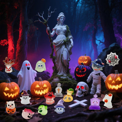 Suartus Halloween Mini Resin Figures 39 Styles Tiny Resin Figurines Kit to Hide Cute Pumpkin Ghost Skull Luminous Miniature Figures Bulk for Halloween Party Favors Outdoor Garden Landscape Decor