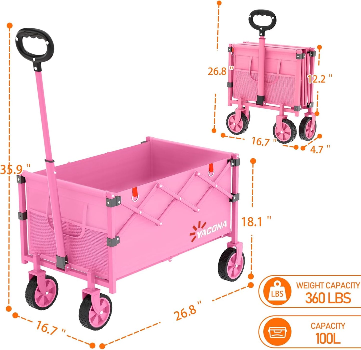 Wagons Carts Foldable, Lightweight Portable Utility Shopping Cart with Wheels, Folding Grocery Wagon Cart for Grocery, Camping, Shopping, Beach, Garden, Sports Pink