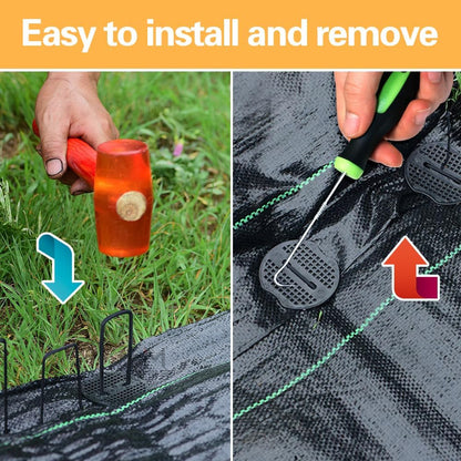 Bakulyor 200pcs Black Landscape Staples + 200pcs Buffer Washer, 6 Inch 11 Gauge Garden Stakes Staples, U Shaped Galvanized Lawn Pins Heavy Duty Yard Ground Pin for Weed Barrier Sod Fabric Decorations