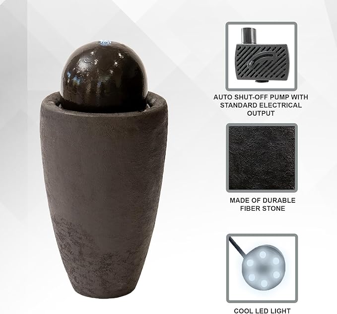 XBrand 25.98" H Round Stone Indoor/Outdoor Modern Stone Textured Sphere Water Fountain with LED Lights, Ball Fountain Decor for Garden, Patio, Outdoor, Brown