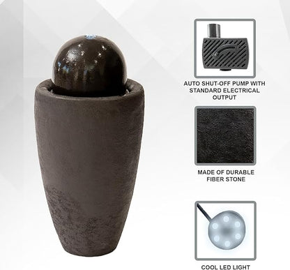 XBrand 25.98" H Round Stone Indoor/Outdoor Modern Stone Textured Sphere Water Fountain with LED Lights, Ball Fountain Decor for Garden, Patio, Outdoor, Brown