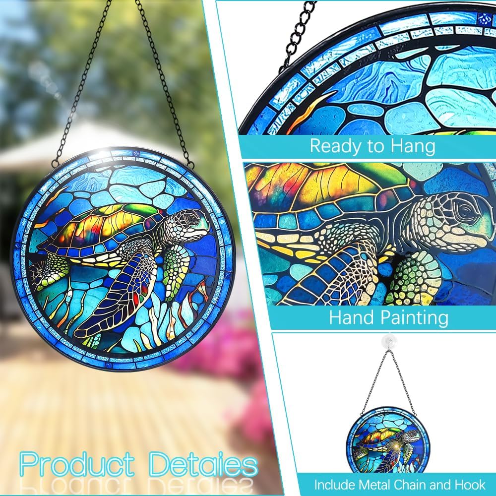 Stained Glass Turtle Suncatcher Window Hanging - Handmade Sea Turtle Suncatchers for Windows with Hooks - Sea Glass Wall Art Home Decor Outdoor Garden Sun Catcher - Birthday Gifts for Mom Grandma