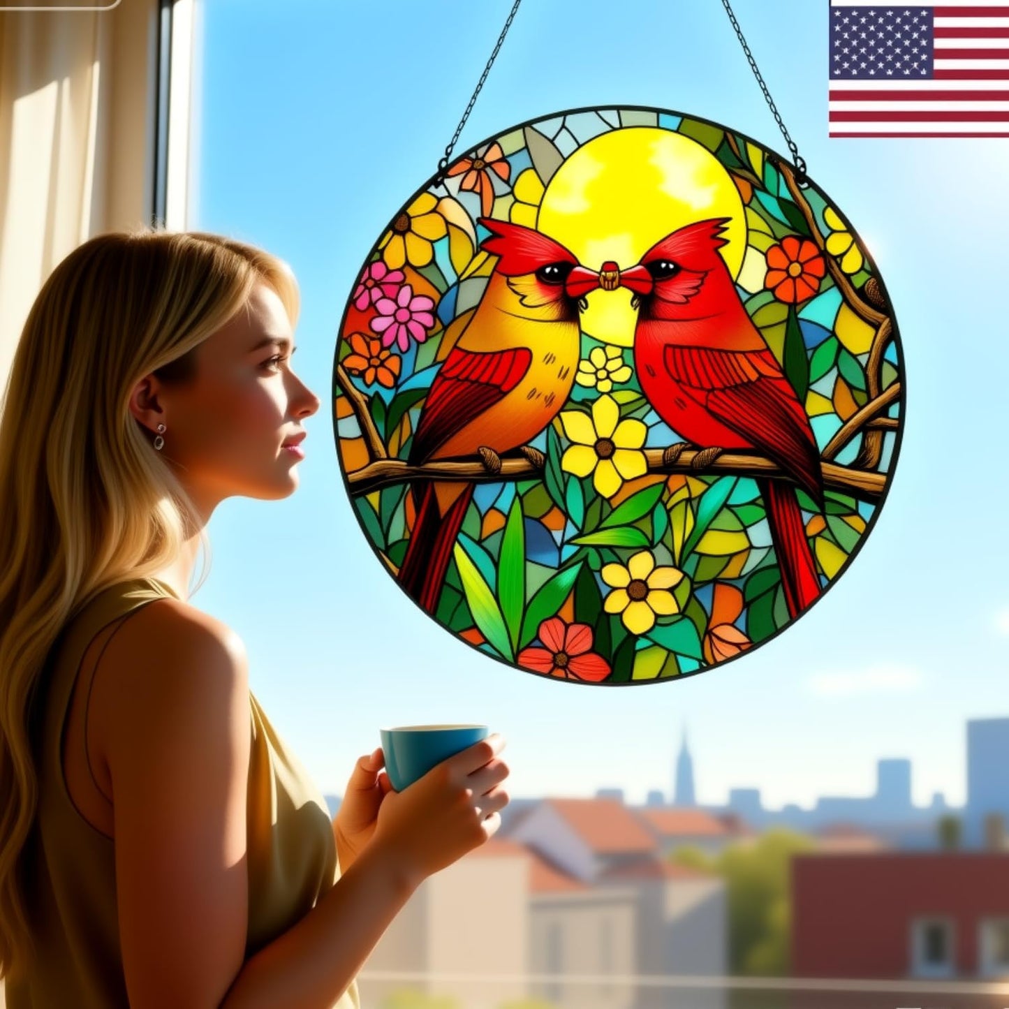 Cardinal Stained Glass Suncatcher - Red Bird Sun Catcher, Painted Glass Panel Decor, Sun Catchers Indoor Window, Gift for Bird Lovers, Mom, Grandma, 6.31IN