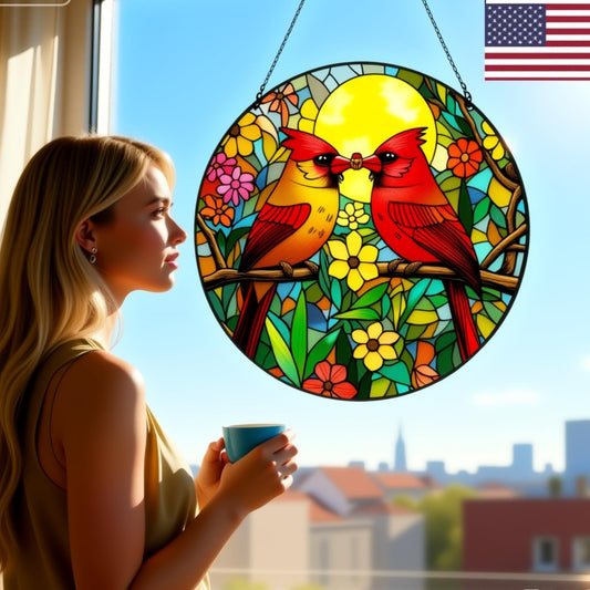Cardinal Stained Glass Suncatcher - Red Bird Sun Catcher, Painted Glass Panel Decor, Sun Catchers