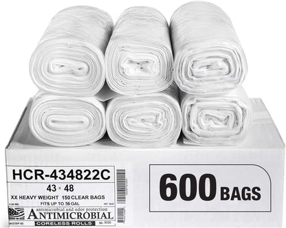 Aluf Plastics High Density Trash Bags, 56 Gallon, 600 Count, 22 Micron (eq), 43" x 48", Clear, for Bathroom, Office, Industrial, Commercial, Janitorial, Municipal, Recycling