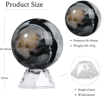 Natural Black Striped Agate Crystal Ball with Acrylic Display Base, 50-60mm Polished Stone Feng Shui Crystal Sphere Meditation Decoration for Home & Office