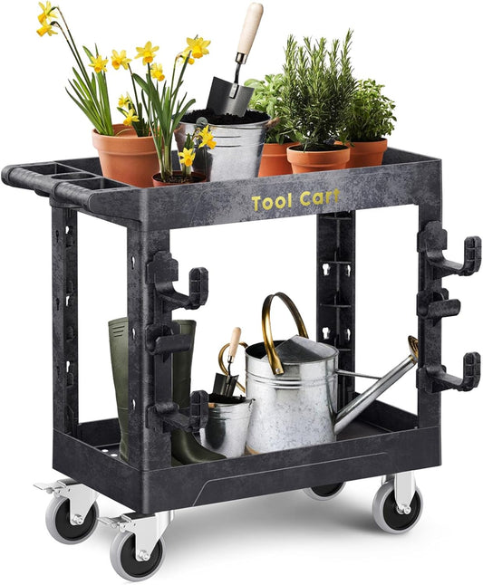 Heavy Duty Garden Tool Carts,600LBS Capacity 2 Tier Yard Tool Storage Rack with Side Hooks Garage Tool Cart with 360°Swivel Wheels Outdoor Garden Tool for Shed, Yard, Garage,Black