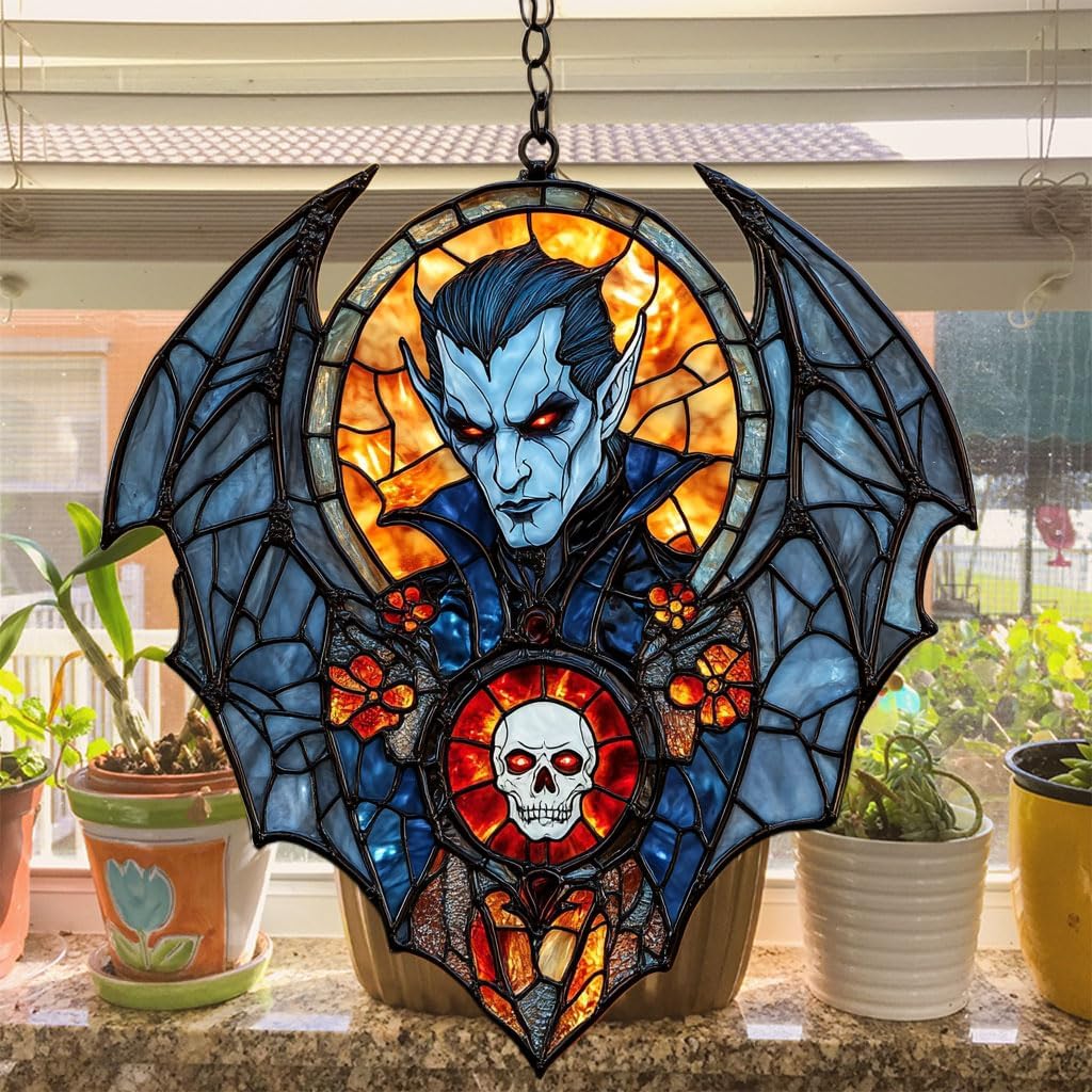 Dracula Halloween Acrylic Suncatcher Stained Glass Effect Window Car Hanging Christmas Ornament Indoor Outdoor Decor Garden Sun Catcher Panel for Halloween Lover for Women Mom Grandma