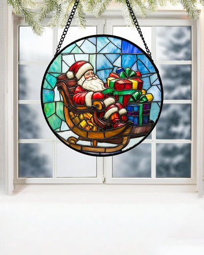 Stained Glass Window Hanging - Santa Claus Gift BoxSuncatcher for Doors Home Christmas Decoration Winter Sun Catcher Thanksgiving New Year Birthday Gift for Women Men Mom Nana 7.8 in