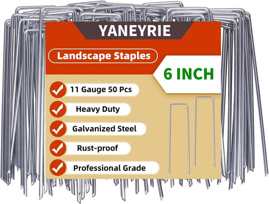 Landscape Staples Galvanized U-Shaped Garden Stakes, 6 Inch 50 Pcs Garden Staples, Yard Stakes, Stakes for Inflatables, Irrigation Tubing, Holding Fence, Tarpaulin (50, 6 INCH)