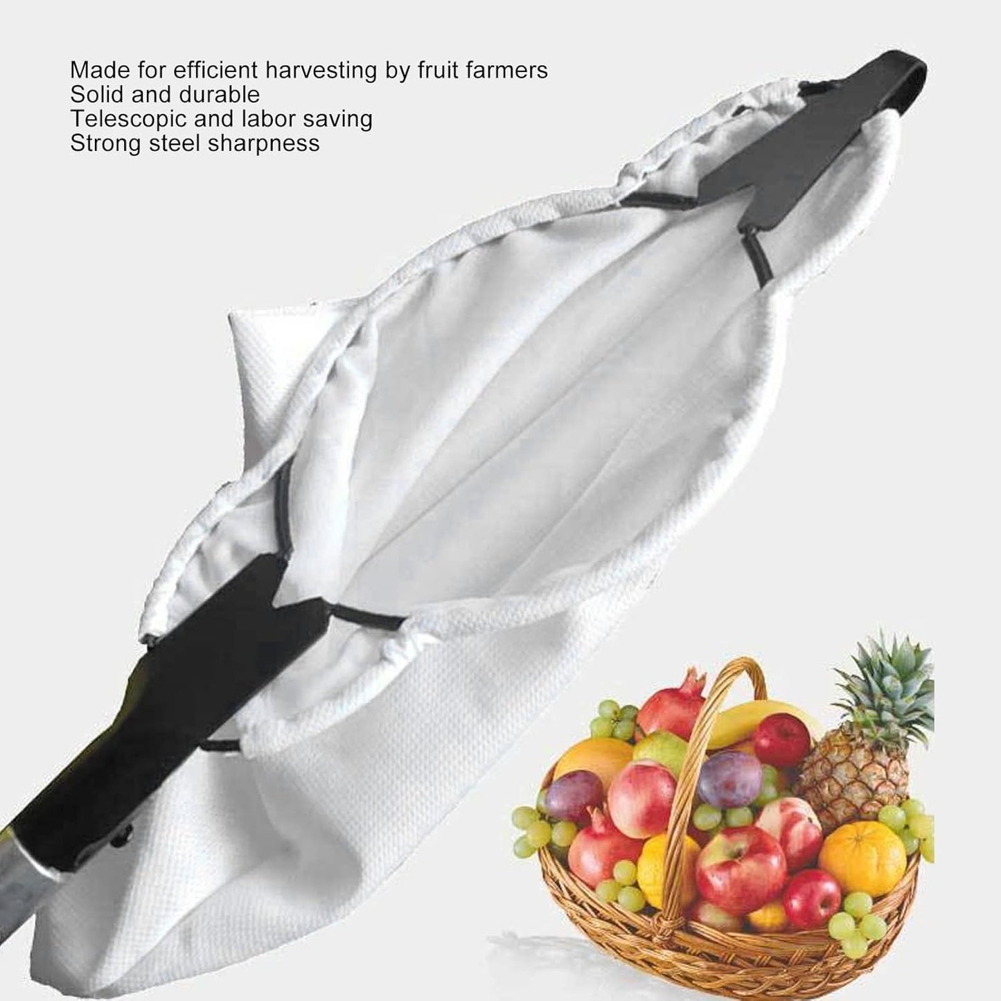 Fruit Picker, Harvest Basket, Large Elastic Bag Fruit Picking Tools with 2 V Shaped Blades, Fruits Catcher for Families Orchards Parks Farms Gardens