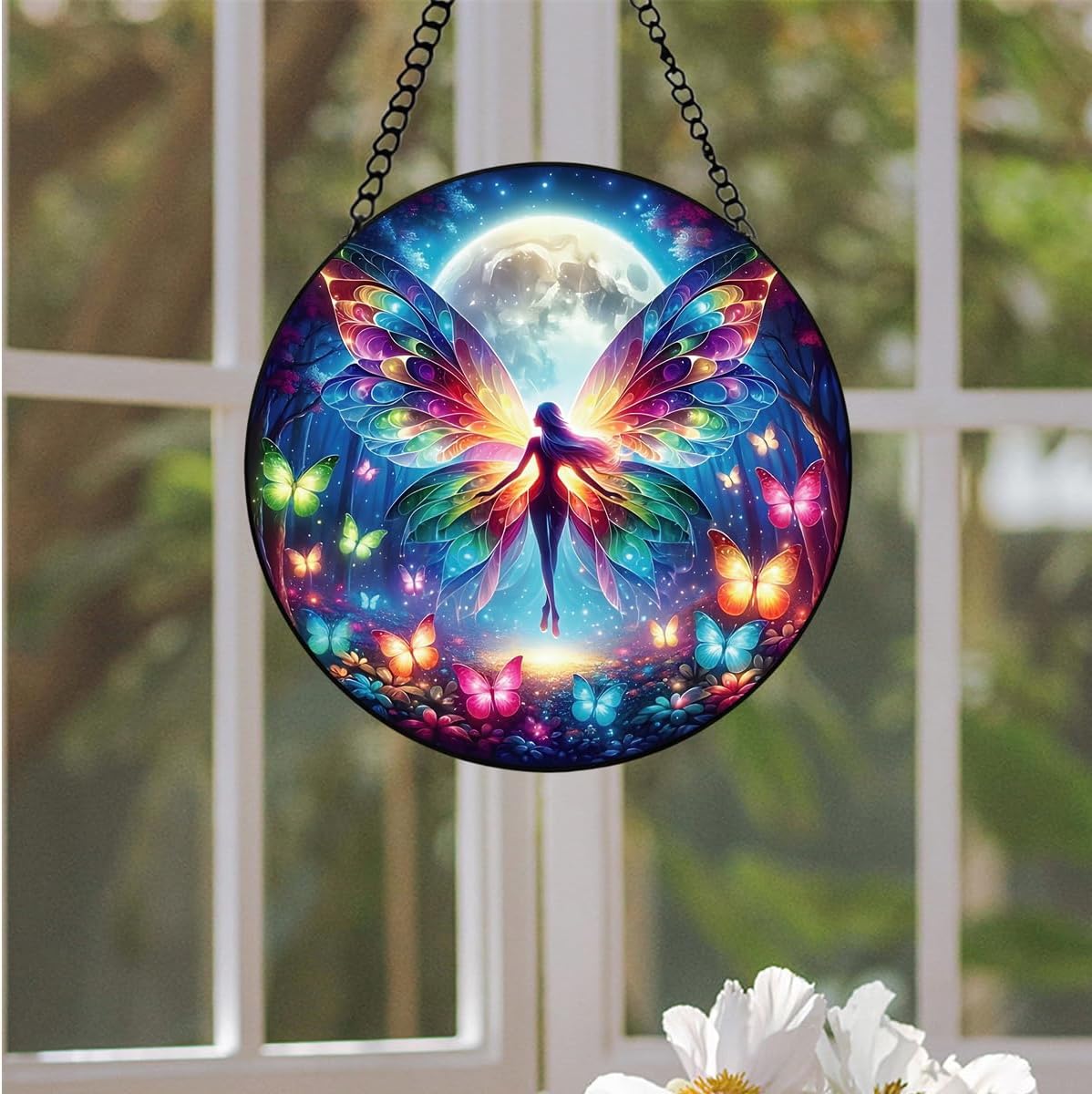 Butterfly Sun Catcher Stained Glass Window Hanging, Handmade Butterfly Fairy Suncatcher Glass Panel Garden Wall Decor, Housewarming Gifts for Women Insect Lover