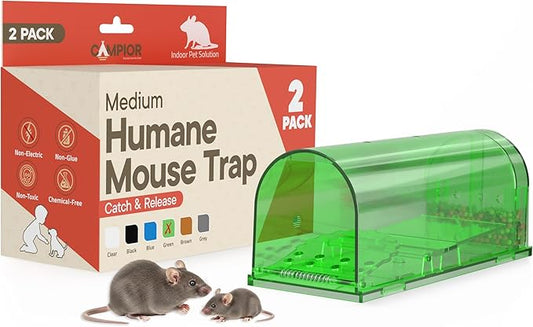 Humane Mouse Trap Pack of 2, Live Mouse Traps Catch and Release for Indoors & Outdoors, Pet & Child Safe, 6.69" Reusable Plastic Mouse Cage with Spring Door, Cleaning Brush Included, Green