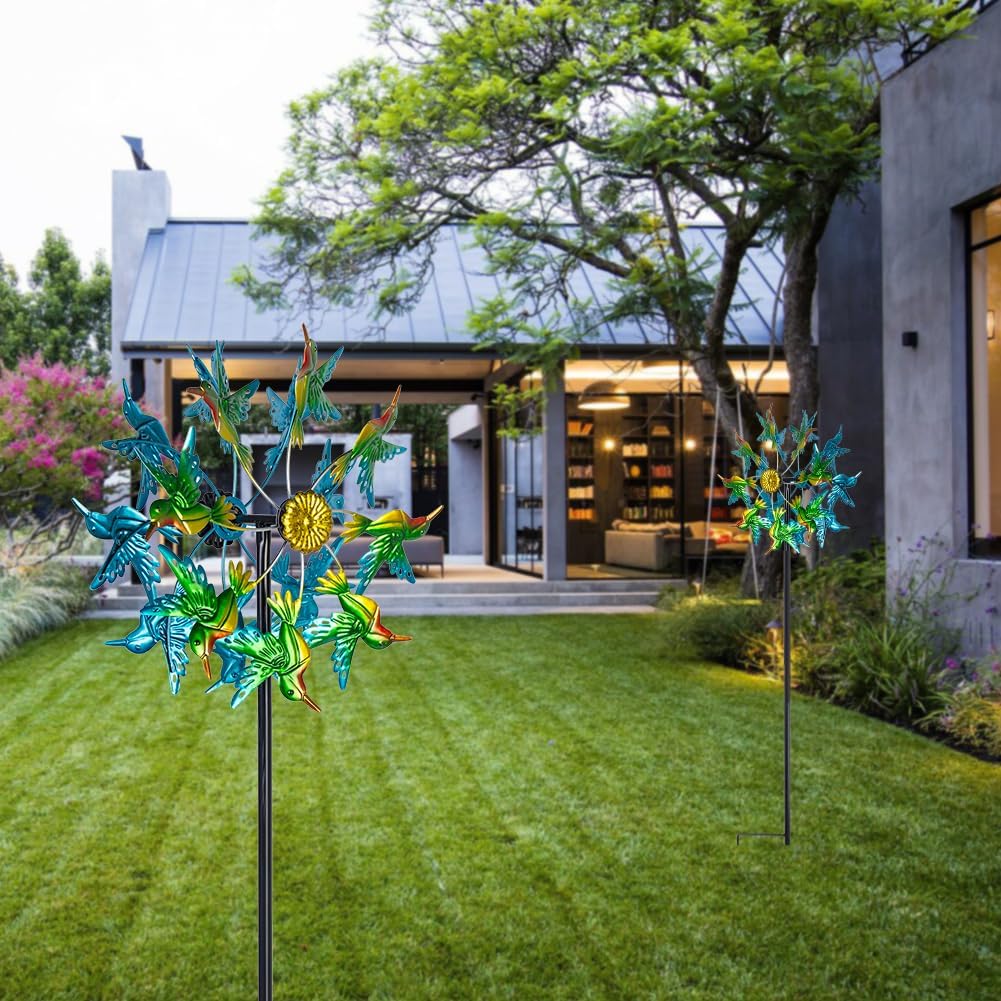 Viveta Wind Spinners for Yard and Garden, Hummingbird Wind Spinners with Metal Stake, 57.5" Double Wind Spinner Yard Art Decor for Patio Lawn Garden