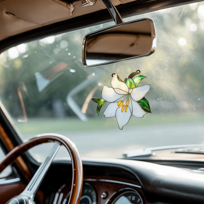 White Lily Flower Acrylic Suncatcher Stained Glass Effect Window Car Hanging Christmas Ornament Indoor Outdoor Decor Garden Sun Catcher Panel for Flowers Lover for Women Mom Grandma