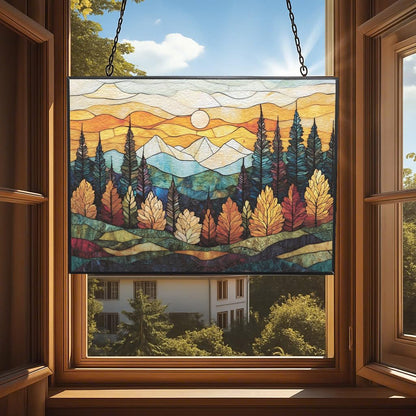 Rectangle Boho Mountain Trees Stained Glass Sun Catcher, Wall Hanging Colored Decor Room Outdoor Window Decor, Halloween, Christmas Hanging Ornament Mother Day