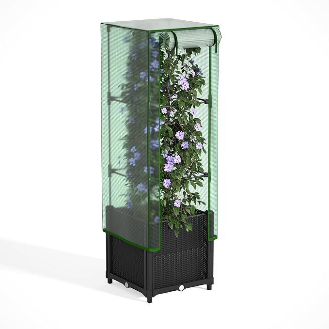 Onelike 16'' x 16'' x 55.5'' Plastic Raised Garden Bed with Greenhouse Cover and Trellis, Vertical Tomato Planters for Climbing Plants, Self Watering System Tomatoes Cage for Patio,Black,Small