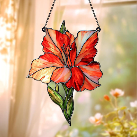 Red Gladiolus Flower Acrylic Suncatcher Stained Glass Effect Window Car Hanging Christmas Ornament